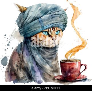 Turkish Cat with coffee cup. Muslim cat with turban. Watercolor Vector illustration for coffee houses. Isolated on white background. Can be used for m Stock Vector