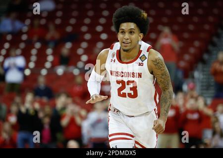 Madison, WI, USA. 14th Mar, 2023. Wisconsin Badgers guard Chucky Hepburn (23) smiling during the NCAA basketball NIT First Round game between the Bradley Braves and the Wisconsin Badgers at the Kohl Center in Madison, WI. Darren Lee/CSM/Alamy Live News Stock Photo