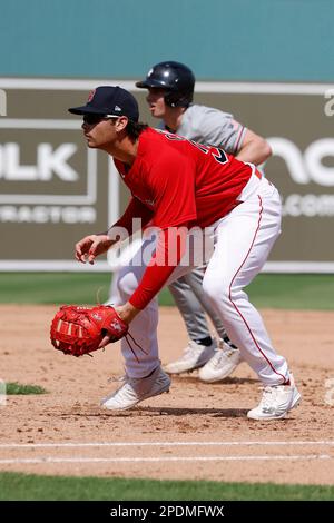FORT MYERS, FL - FEBRUARY 24: Boston Red Sox left fielder Masataka Yoshida  (7) looks on while waiting to bat during an MLB Spring Training exhibition  game against Northeastern on February 24