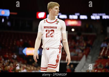 Madison, WI, USA. 14th Mar, 2023. Wisconsin Badgers forward Steven Crowl (22) during the NCAA basketball NIT First Round game between the Bradley Braves and the Wisconsin Badgers at the Kohl Center in Madison, WI. Darren Lee/CSM/Alamy Live News Stock Photo