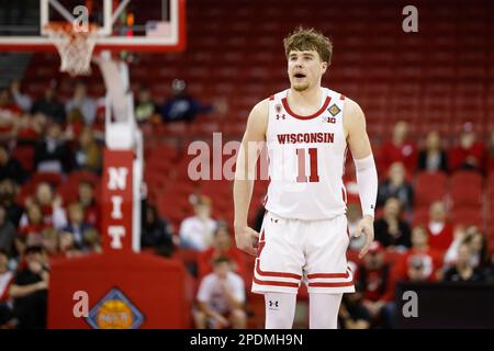 Madison, WI, USA. 14th Mar, 2023. Wisconsin Badgers guard Max Klesmit (11) during the NCAA basketball NIT First Round game between the Bradley Braves and the Wisconsin Badgers at the Kohl Center in Madison, WI. Darren Lee/CSM/Alamy Live News Stock Photo