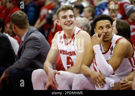 Madison, WI, USA. 14th Mar, 2023. Wisconsin Badgers forward Tyler Wahl (5) is all smiles during the NCAA basketball NIT First Round game between the Bradley Braves and the Wisconsin Badgers at the Kohl Center in Madison, WI. Darren Lee/CSM/Alamy Live News Stock Photo
