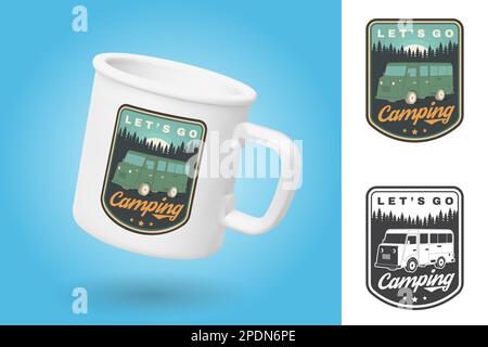 White camping cup. Realistic mug mockup template with sample design. Lets go camping. Summer camp. Vector. Vintage typography design with RV Motorhome Stock Vector