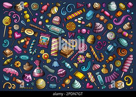 Colorful vector doodle cartoon set of Candies theme items, objects and symbols Stock Vector