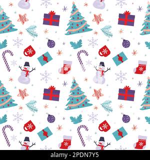 Christmas and new year seamless pattern. Funny attributes of Xmas celebration - snowman, sweets, traditional tree, gifts and others. Texture design te Stock Vector