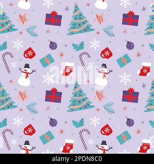 Christmas and new year seamless pattern. Funny attributes of Xmas celebration - snowman, sweets, traditional tree, gifts and others. Texture design te Stock Vector