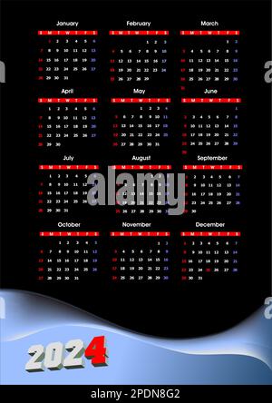 2024 calendar. 3d color illustration Stock Vector