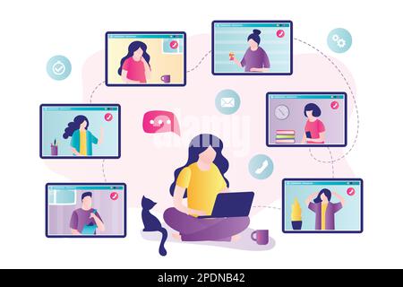 Business woman holds laptop. Online meeting. Сolleagues discussing matters at online conference. People conversation on video calling. Concept of free Stock Vector