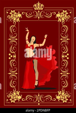 Belly dancer. Attractive girl dances east dance. Purple dress. 3d vector color illustration Stock Vector