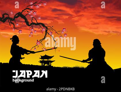 Black silhouette of Samurai with the sword on hight sky background. Vector illustration Stock Vector