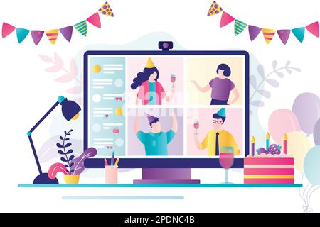 Friends celebrating birthday online. Different people in video conference. Ban on offline meetings and parties. Decorated workplace. Close people on s Stock Vector