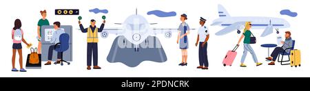 Cartoon people in airport. Airline employees. Different professions. Attendant and pilot. Ticket check agents. Airplane boarding. Passengers bags Stock Vector