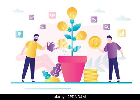Businessman grows ideas tree. Investor invest in new idea or startup. Concept making money. Each contributes development project. Crowdfunding and inv Stock Vector