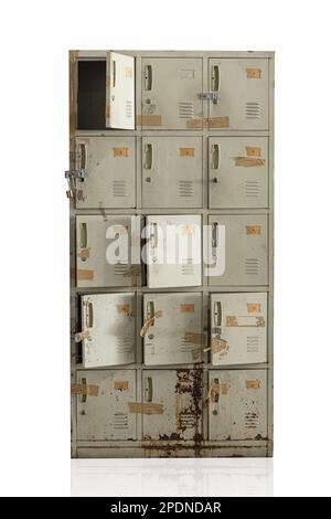 Old Grunge Rusty Metal Locker Vertical Column. Rusted old Cabinet isolated on white with clipping path. Stock Photo