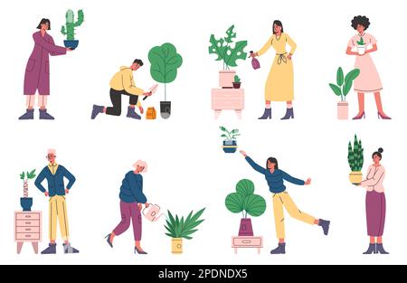 Cartoon happy people care room plants. Green cozy environment. Interior houseplants. Flowers growing in pots. Persons planting cactus and ficus in Stock Vector
