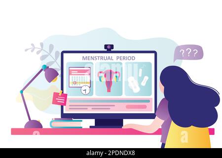 Girl studies features of female reproductive system. Menstruation calendar and various feminine hygiene items on computer screen. Concept of menstrual Stock Vector