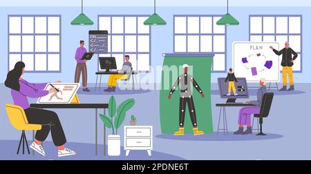 Game developers in office. Specialists create computer gaming characters and play script. Coworking space. Programmers work team. Digital designers Stock Vector