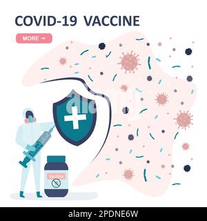 Doctor fights covid-19 with vaccine. Medical worker in protective suit with syringe and shield. Disease protection concept. Male nurse vaccinates peop Stock Vector