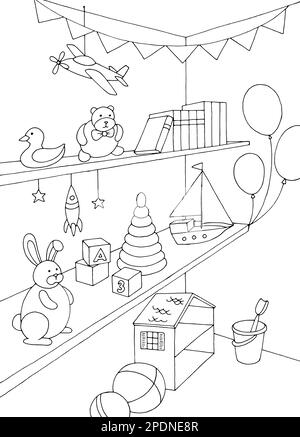 Toy shop graphic black white interior vertical sketch illustration vector Stock Vector