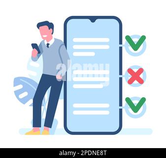 Man takes online exam. Guy chooses answer in test. Smartphone screen. Mobile survey. Web examination. Male solving quiz by phone. Internet Stock Vector