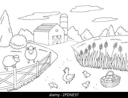 Farm landscape, village sketch. Agriculture, hand drawn vintage vector ...