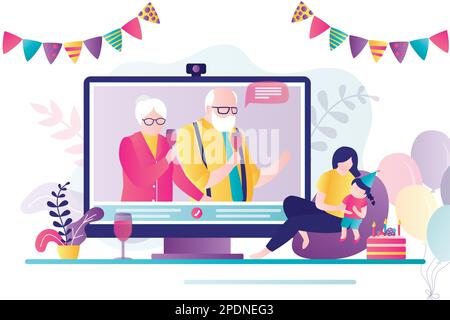 People celebrate birthday or holiday. Grandparents on monitor screen, seniors couple talking with mother and daughter. Room decorated with balloons, f Stock Vector