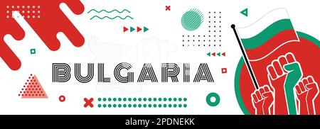 Bulgarian National day banner for Independence day with abstract design. Republic of Bulgaria cover map, raised fists and geometric art in flag color Stock Vector