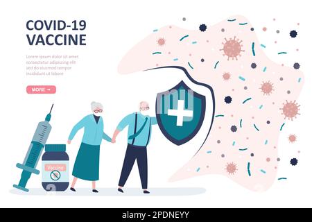 Old people with shield protect immune system from covid-19 disease. Elderly immunity protected from viruses and bacteria. Pensioners in masks after va Stock Vector