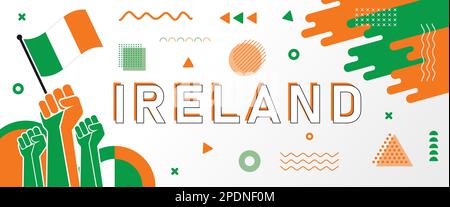 Ireland National day banner for Independence day with abstract modern design. Saint Patrick's map, raised fists and geometric art in flag color theme. Stock Vector