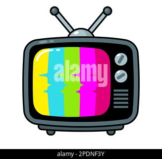 Vintage television set in simple cartoon style. No signal, colored stripes (TV test pattern). Vector clip art illustration. Stock Vector