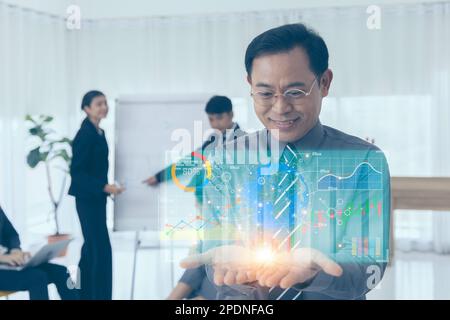 Executive manager man illustrate bring business big data sale marketing analysis decision information detail graph chart all in hand Stock Photo