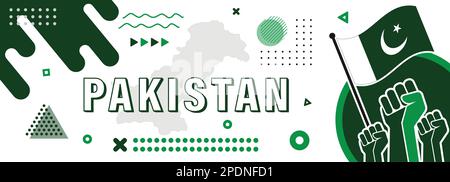 Pakistan National day banner for Independence day with abstract design. Islamic Republic of Pakistan map, raised fists and geometric art in flag color Stock Vector