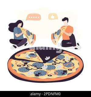 Happy couple eating big pizza. Young people holds pieces of traditional italian food. Funny characters and fast food isolated on white background. Tre Stock Vector