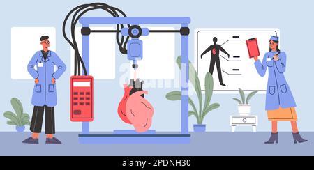 Organs 3D printing. Surgical heart implantation. Artificial human body parts creating. Medical progress. Future technologies. Innovation hospital Stock Vector