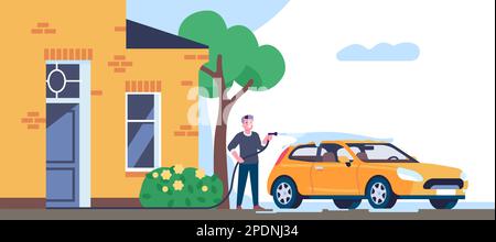 Man washes car with water hose in front of his house. Driver cleaning automobile. Vehicle maintenance. Building facade. Home yard. Transport cleaner Stock Vector
