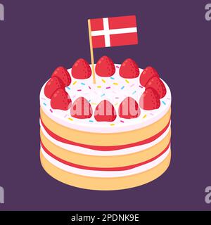 Denmark Queen's Birthday celebration, birthday cake with Danish flag. Cartoon vector illustration. Stock Vector