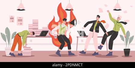 Tense office atmosphere. Angry boss yells at subordinates. Stressed employees. Manager in fire shouting into loudspeaker. Depressed panicking people Stock Vector