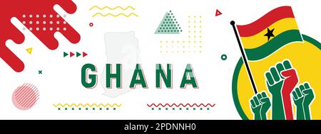 Ghana National day banner for Independence day with abstract design. Republic of Ghana cover map, raised fists and geometric art in flag color theme. Stock Vector
