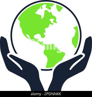 The icon of the planet Earth between two palms as a concept of environmental conservation Stock Vector