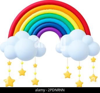 Rainbow 3d with clouds and star pendants. Nursery realistic element, baby stroller mobile toy. Realistic plasticine design, weather, white bubble Stock Vector