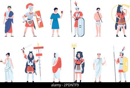 Ancient people roman in toga, rome characters. Greek person, empire civilization warriors and soldiers and citizens. Cartoon flat recent vector Stock Vector