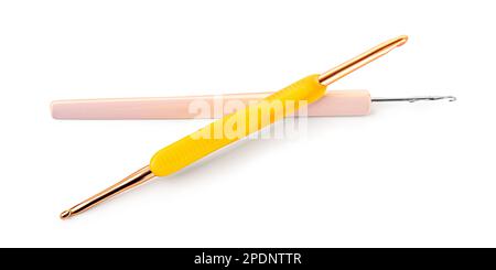 Different size crochet hooks for knitting isolated on white background Stock Photo