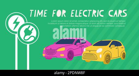 Time for electric cars. Vector flat illustration of petrol and diesel car ban in Europe. Two cars, pink and yellow, with road signs for electric cars. Stock Vector