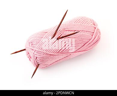 Pink threads and Wooden knitting needles isolated on white background Stock Photo