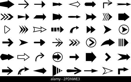 Black arrows icons, forward pointer graphic collection. Slim arrow, directionality sign isolated elements. Left right pointers, decent vector set Stock Vector
