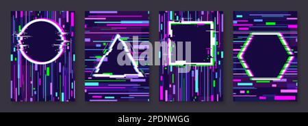 Futuristic technology banners, noise effect cover graphic design. Glitch neon colors frames, vector digital noise templates Stock Vector