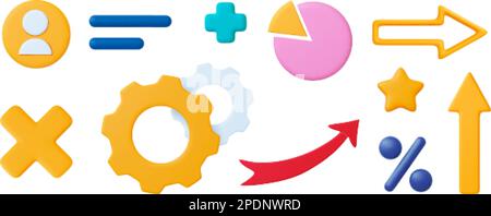 Different 3d office business elements. Arrows, personal account avatar, yellow plasticine star and chart pie. Infographics vector collection Stock Vector