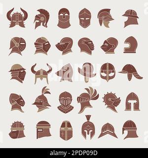 Medieval helmets. Head protection for ancient warriors recent vector illustration set Stock Vector