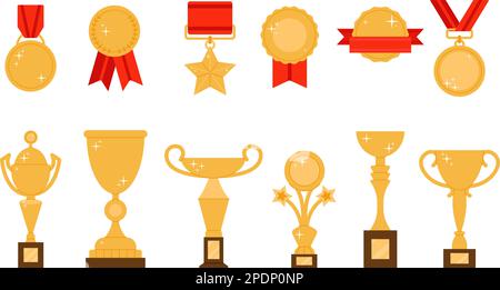 Golden cups and medals, trophies and cup. Tournament winner medal, business success goblet. Award with ribbon, flat modern badges decent vector set Stock Vector
