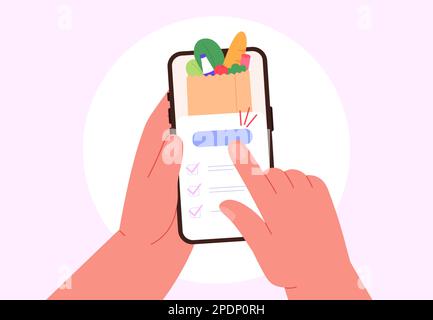 Pushing screen button for pay, digital food store app. Human buy on digital market, goods delivery. Hands holding smartphone and payment racy vector Stock Vector